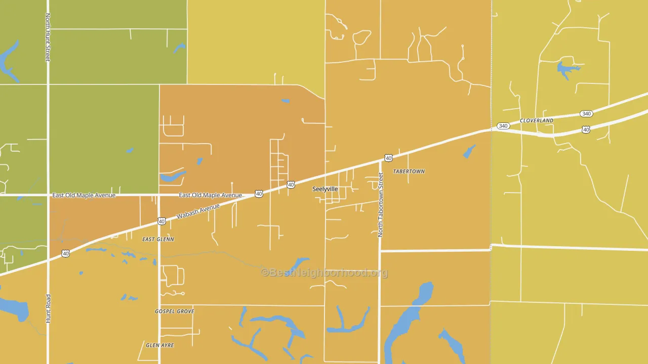 Map of the best neighborhoods in the Seelyville area, with better matches in green and worse matches in red