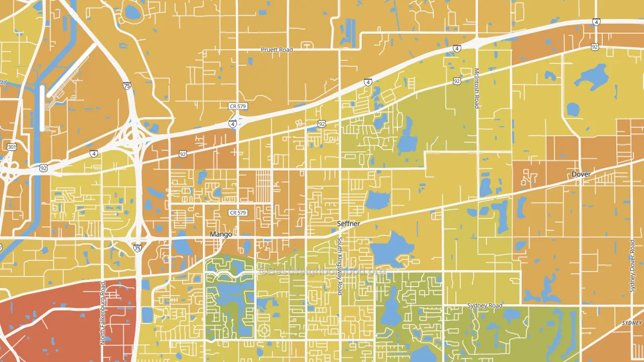 Map of the best neighborhoods in the Seffner area, with better matches in green and worse matches in red