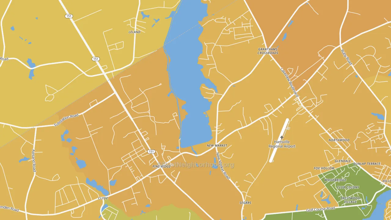 Map of the best neighborhoods in the Segars area, with better matches in green and worse matches in red