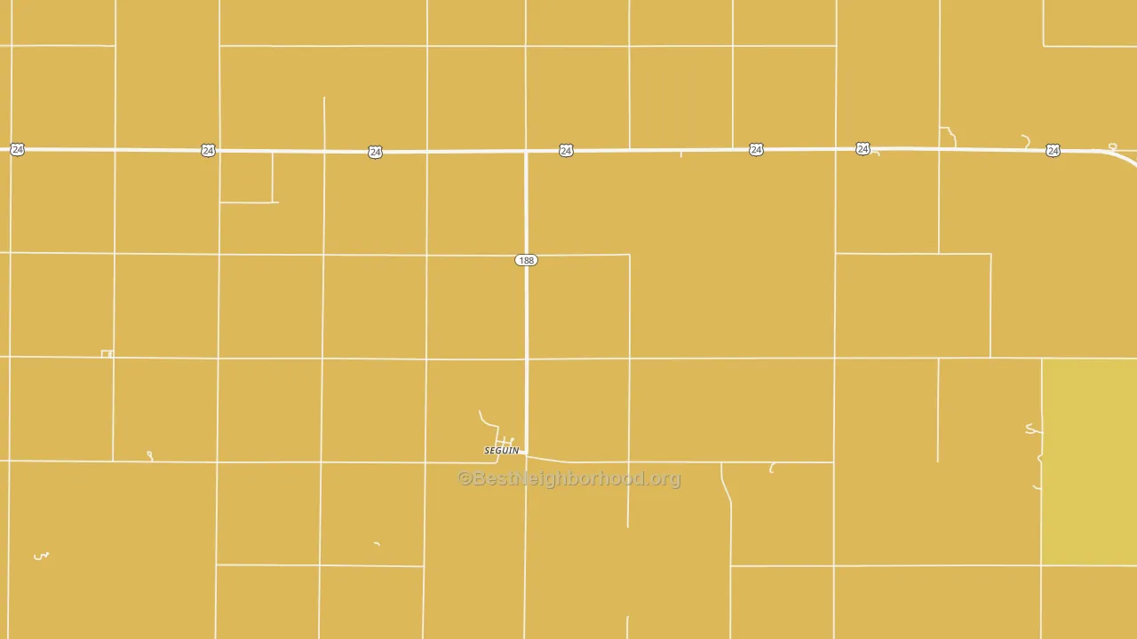 Map of the best neighborhoods in the Seguin area, with better matches in green and worse matches in red