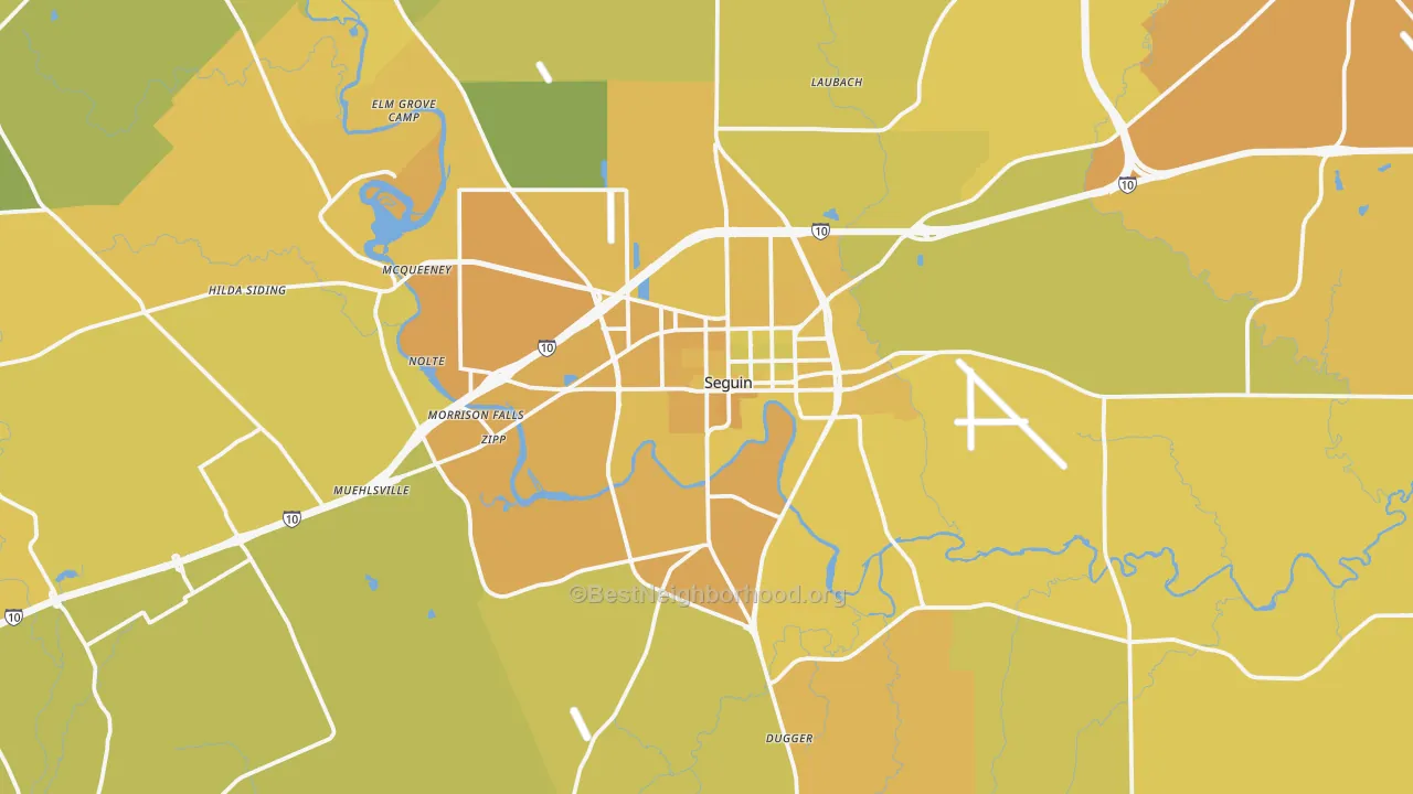 Map of the best neighborhoods in the Seguin area, with better matches in green and worse matches in red