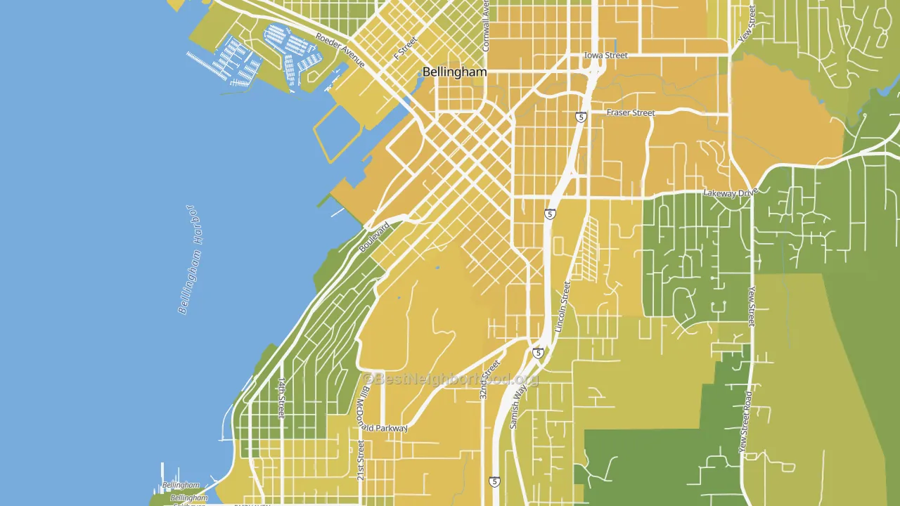 Map of the best neighborhoods in the Sehome, Bellingham area, with better matches in green and worse matches in red