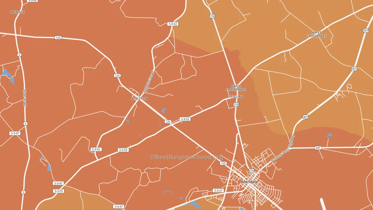Map of the best neighborhoods in the Seigling area, with better matches in green and worse matches in red
