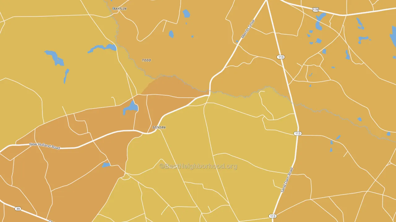 Map of the best neighborhoods in the Seivern area, with better matches in green and worse matches in red