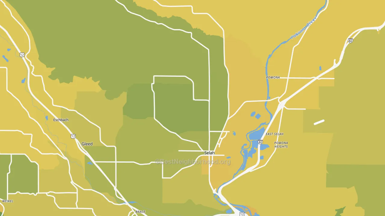 Map of the best neighborhoods in the Selah area, with better matches in green and worse matches in red