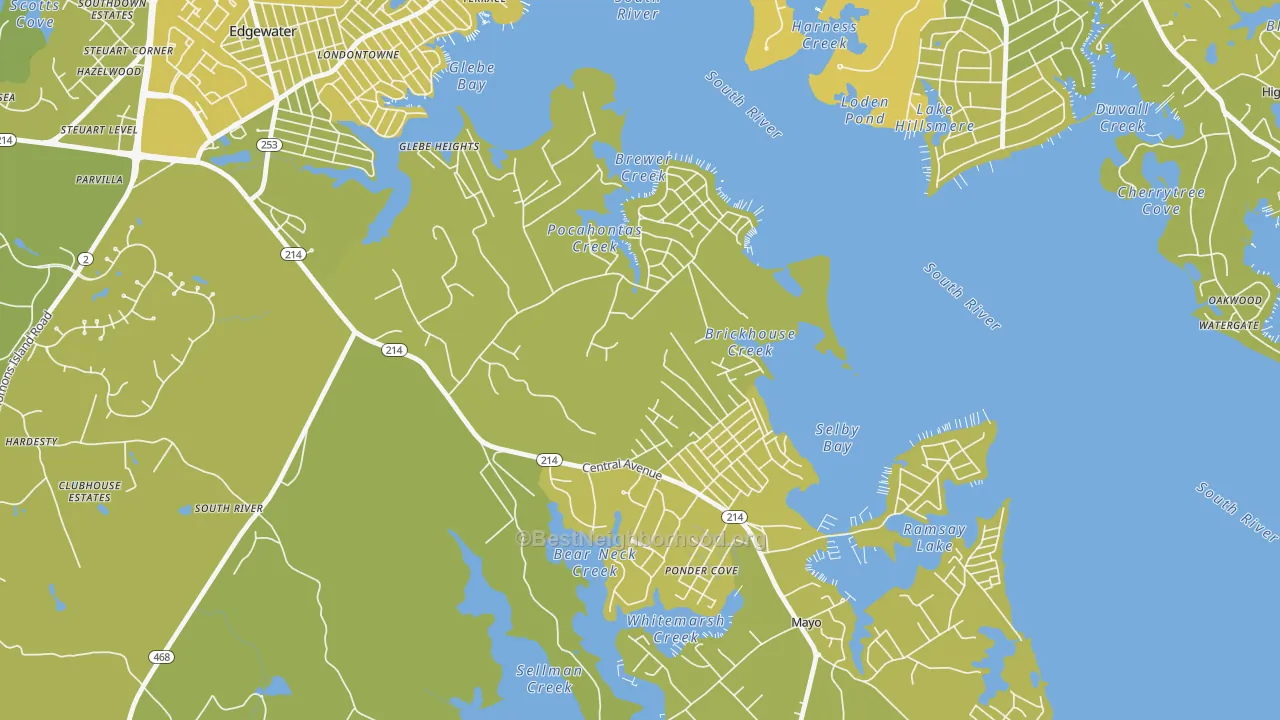 Map of the best neighborhoods in the Selby-on-the-Bay, Mayo area, with better matches in green and worse matches in red