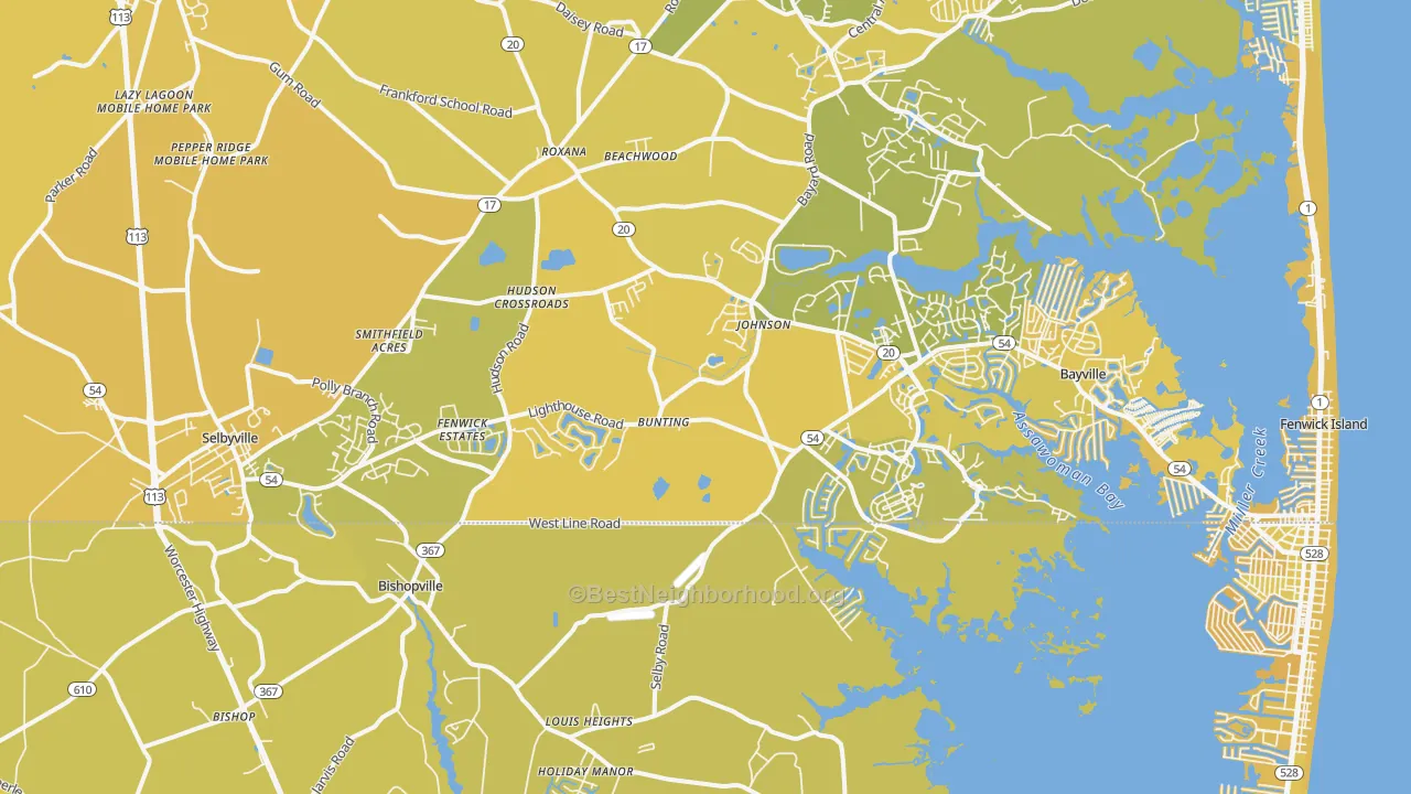 Map of the best neighborhoods in the Selbyville area, with better matches in green and worse matches in red