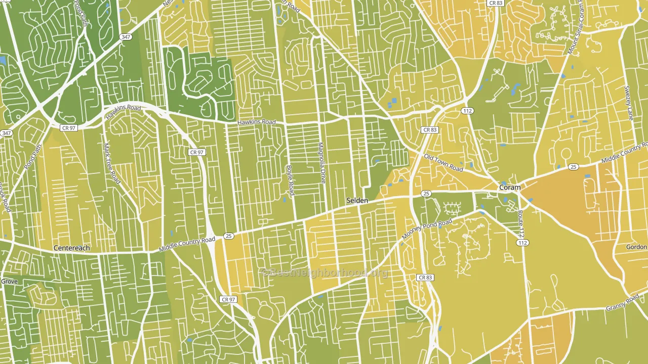 Map of the best neighborhoods in the Selden area, with better matches in green and worse matches in red