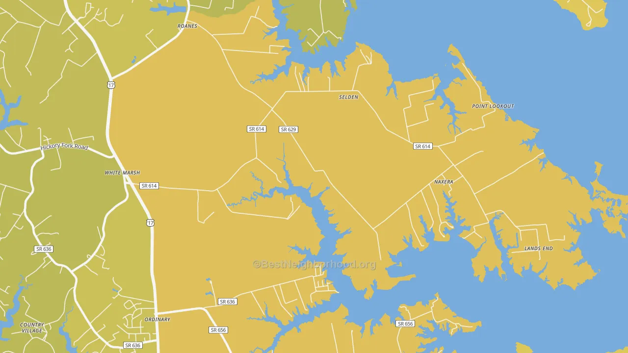 Map of the best neighborhoods in the Selden area, with better matches in green and worse matches in red