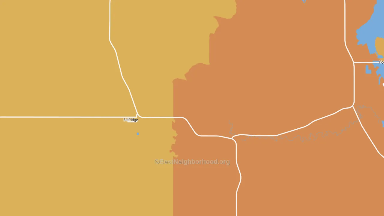 Map of the best neighborhoods in the Selfridge area, with better matches in green and worse matches in red