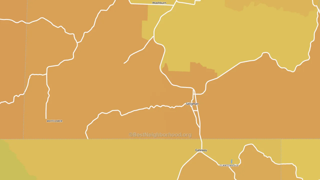 Map of the best neighborhoods in the Seligman area, with better matches in green and worse matches in red