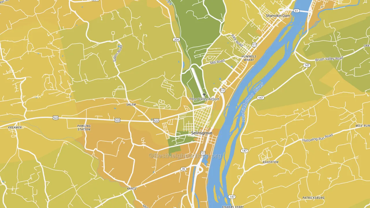 Map of the best neighborhoods in the Selinsgrove area, with better matches in green and worse matches in red