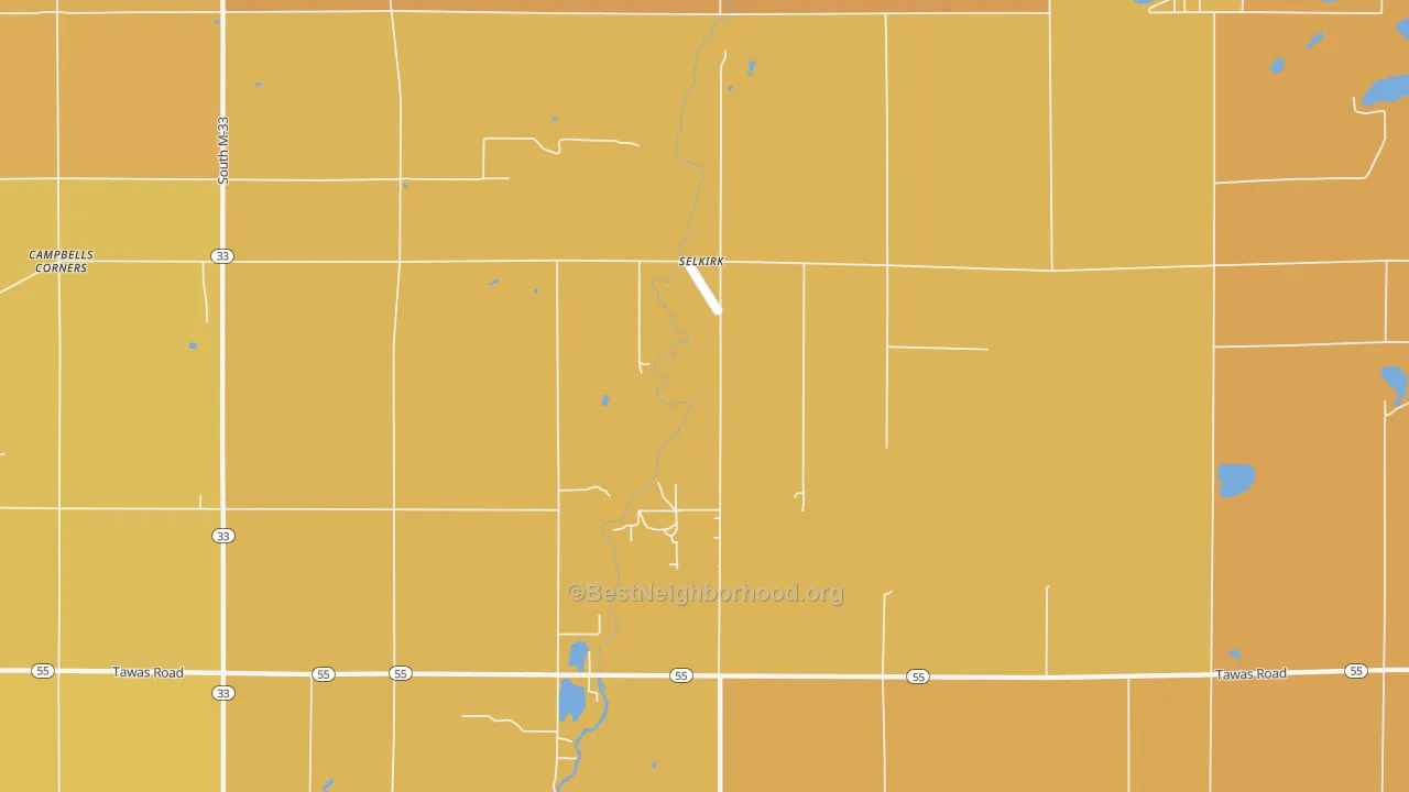 Map of the best neighborhoods in the Selkirk area, with better matches in green and worse matches in red
