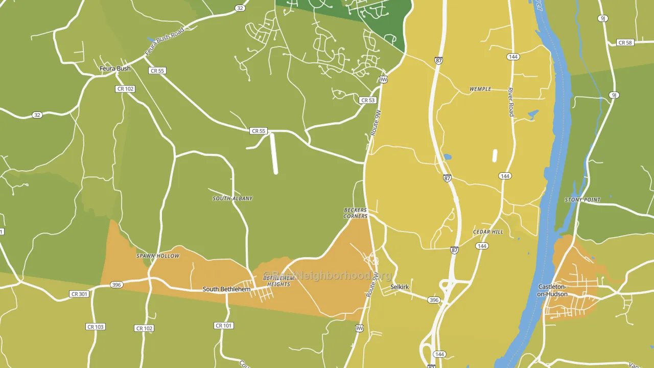 Map of the best neighborhoods in the Selkirk area, with better matches in green and worse matches in red
