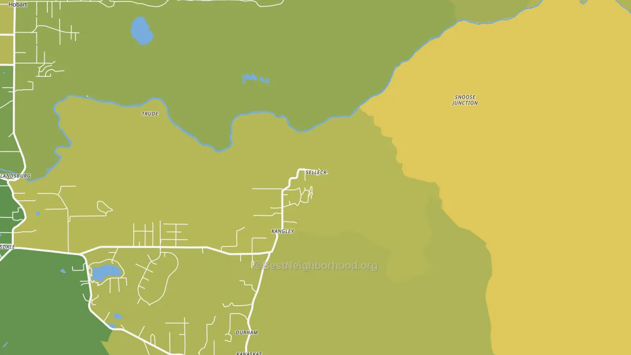 Map of the best neighborhoods in the Selleck area, with better matches in green and worse matches in red