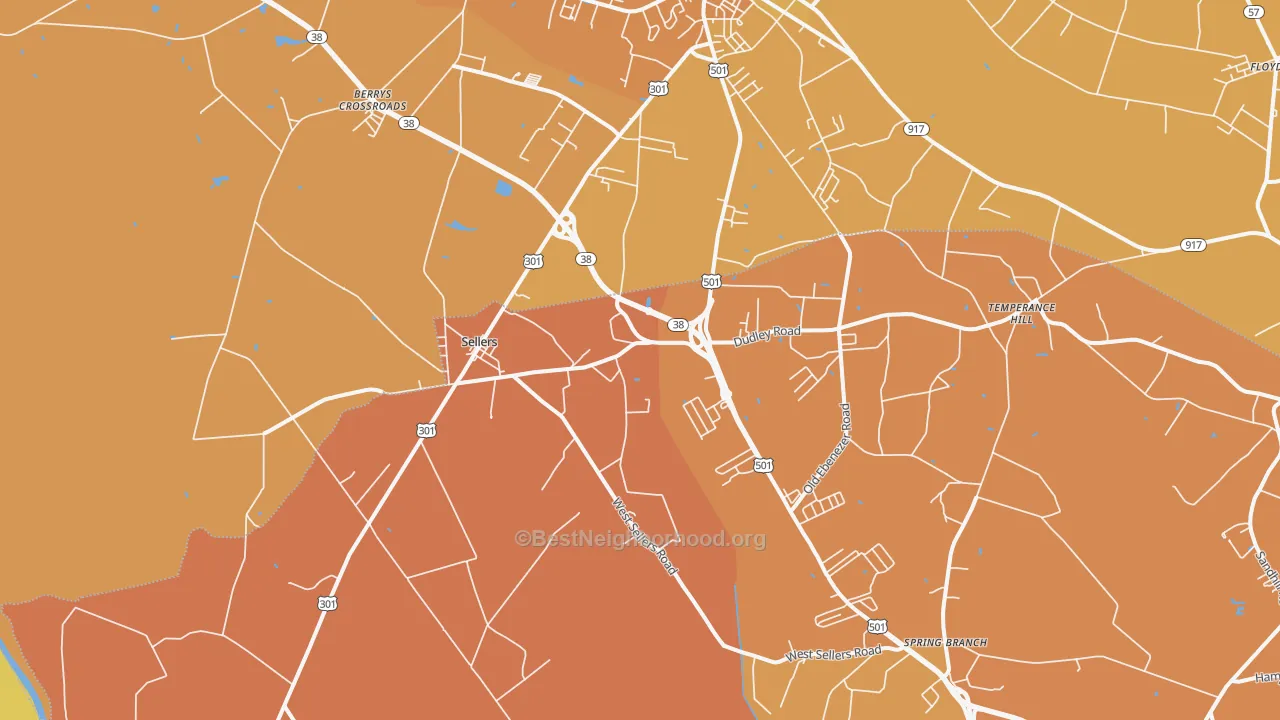 Map of the best neighborhoods in the Sellers area, with better matches in green and worse matches in red