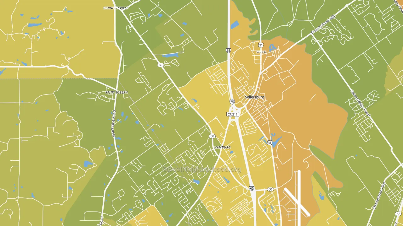 Map of the best neighborhoods in the Sellersburg area, with better matches in green and worse matches in red