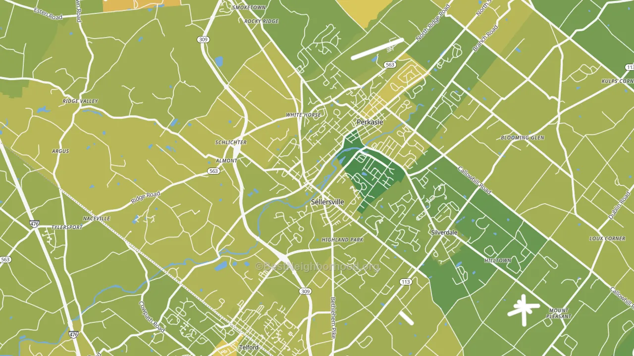 Map of the best neighborhoods in the Sellersville area, with better matches in green and worse matches in red