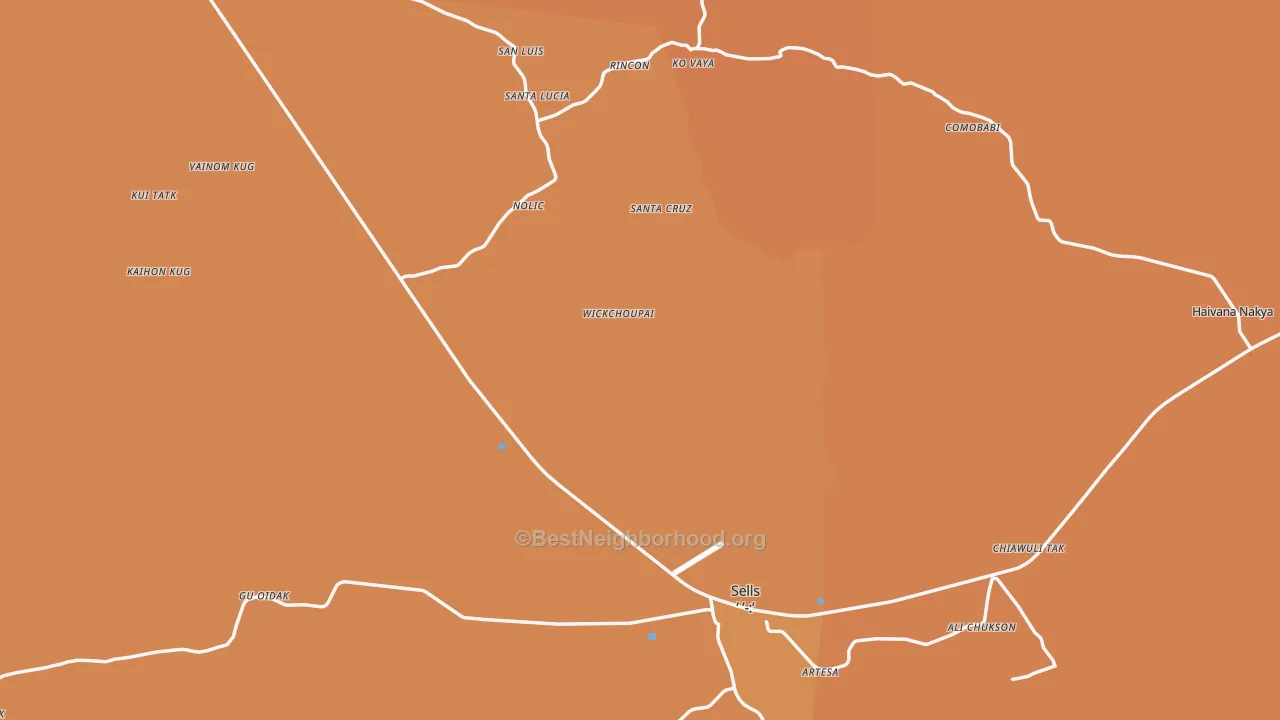 Map of the best neighborhoods in the Sells area, with better matches in green and worse matches in red