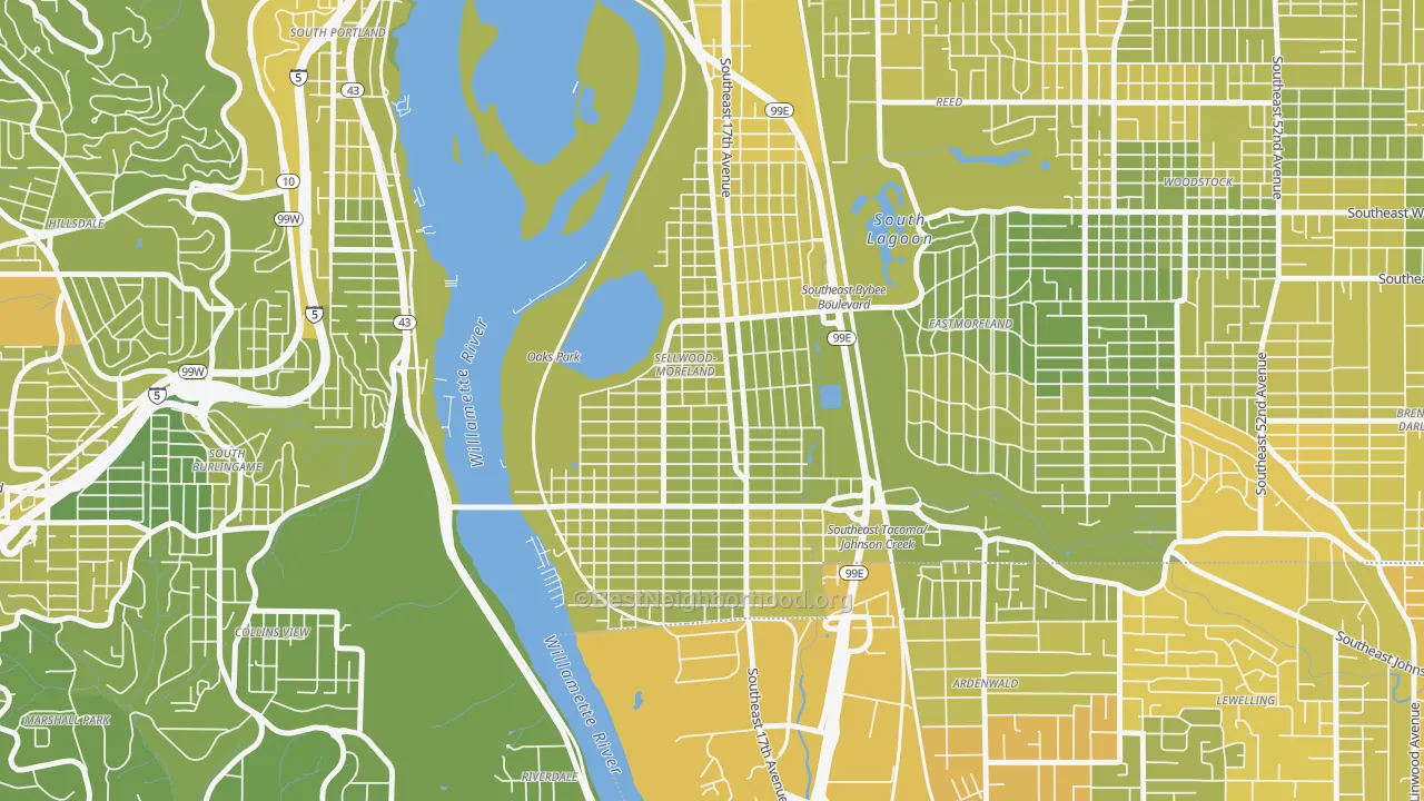 Map of the best neighborhoods in the Sellwood-Moreland, Portland area, with better matches in green and worse matches in red