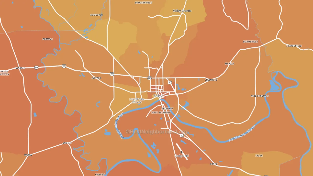 Map of the best neighborhoods in the Selma area, with better matches in green and worse matches in red