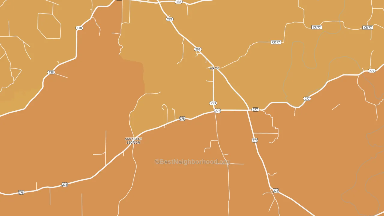 Map of the best neighborhoods in the Selma area, with better matches in green and worse matches in red