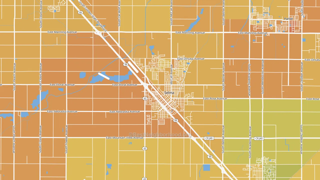 Map of the best neighborhoods in the Selma area, with better matches in green and worse matches in red