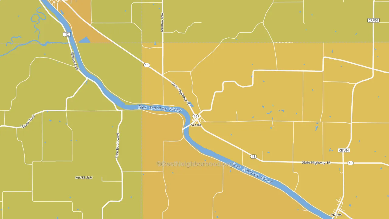 Map of the best neighborhoods in the Selma area, with better matches in green and worse matches in red