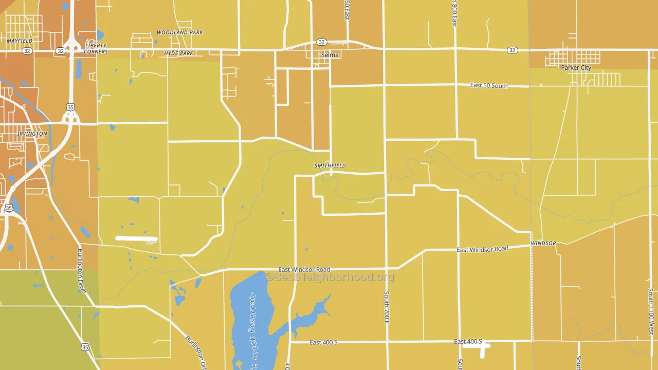 Map of the best neighborhoods in the Selma area, with better matches in green and worse matches in red
