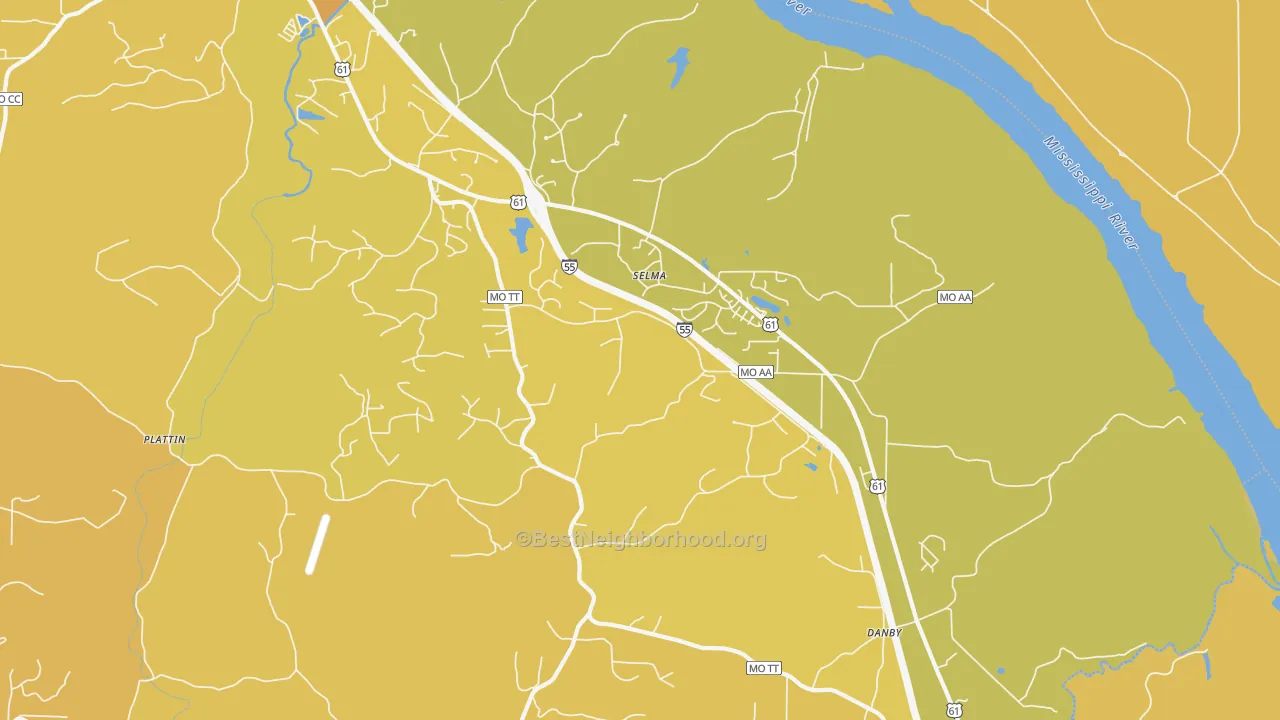 Map of the best neighborhoods in the Selma area, with better matches in green and worse matches in red