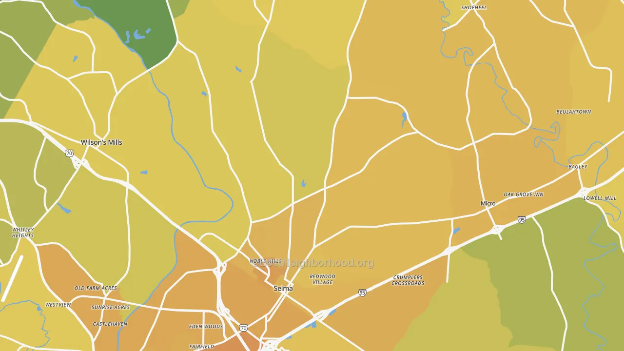 Map of the best neighborhoods in the Selma area, with better matches in green and worse matches in red