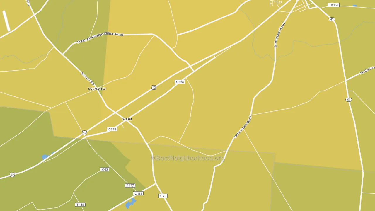 Map of the best neighborhoods in the Selma area, with better matches in green and worse matches in red
