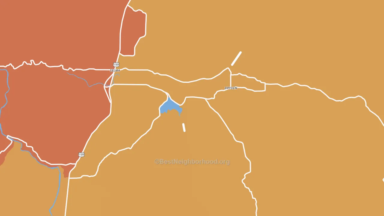 Map of the best neighborhoods in the Selma area, with better matches in green and worse matches in red