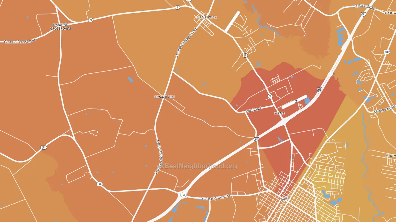 Map of the best neighborhoods in the Selma area, with better matches in green and worse matches in red