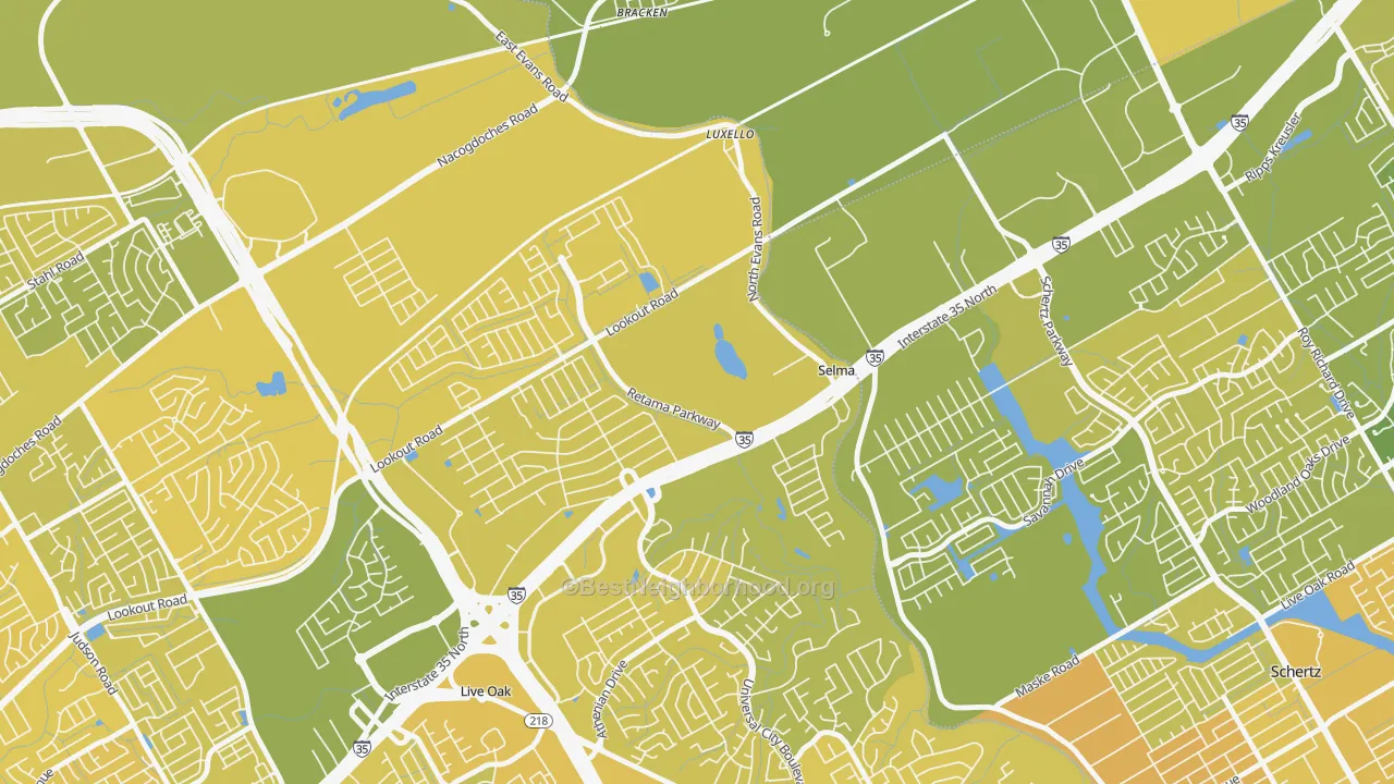 Map of the best neighborhoods in the Selma area, with better matches in green and worse matches in red