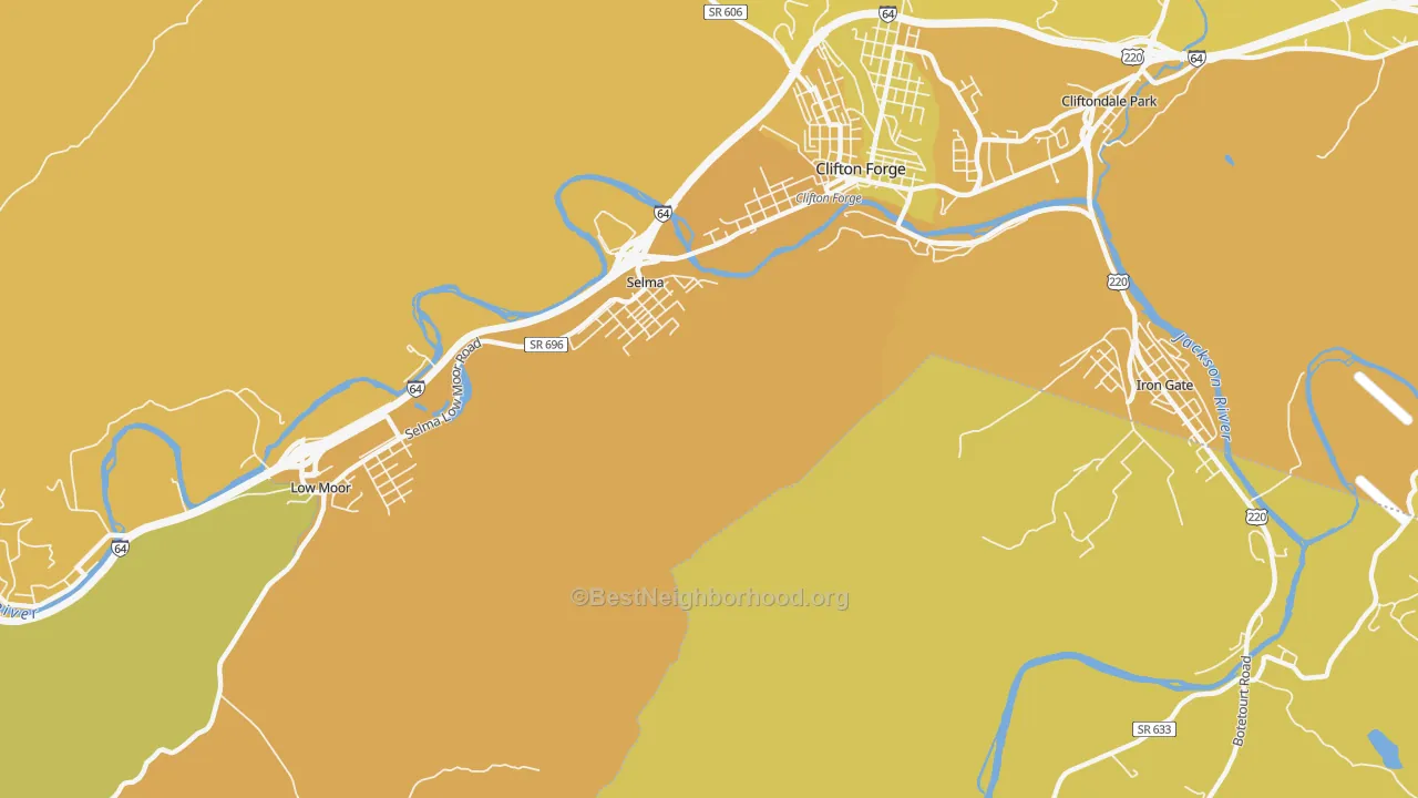 Map of the best neighborhoods in the Selma area, with better matches in green and worse matches in red