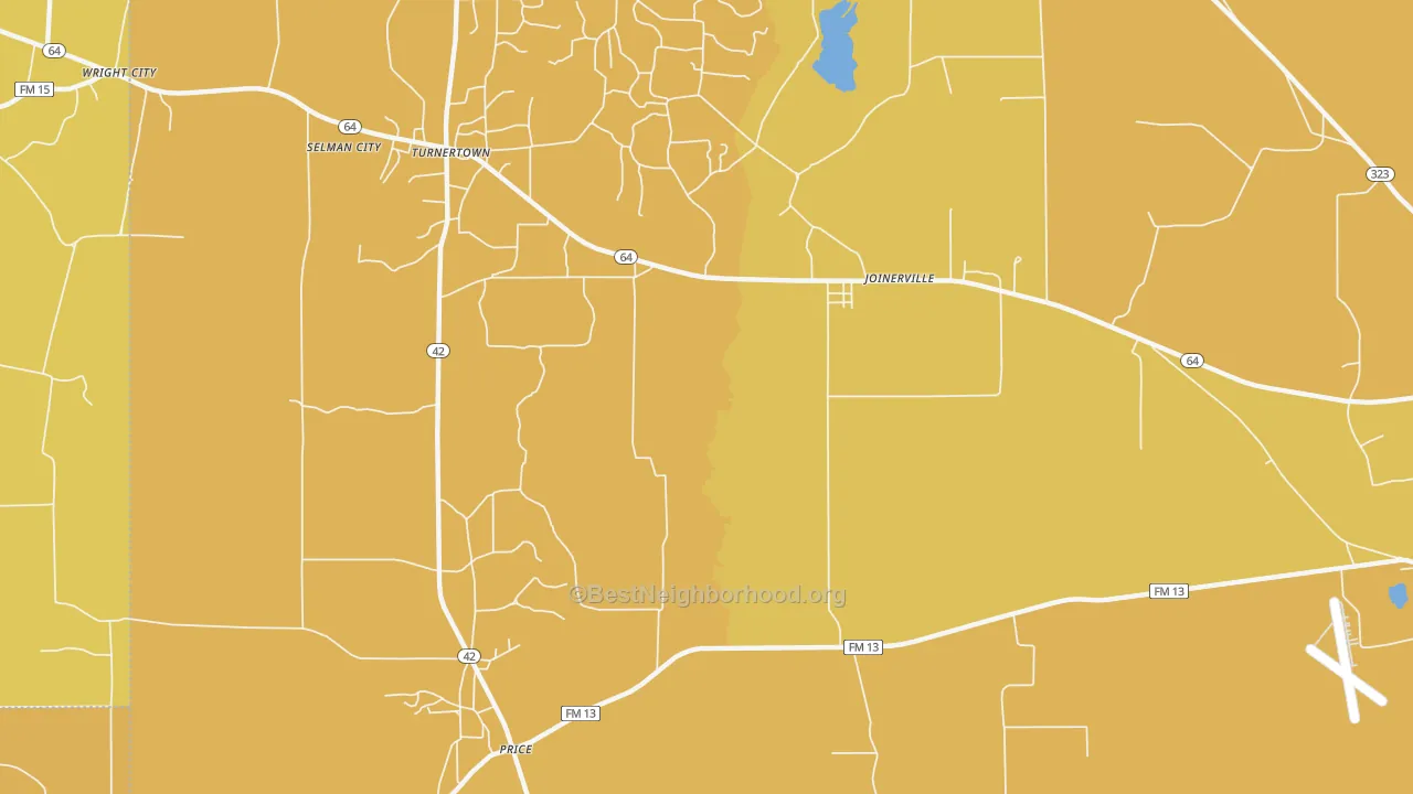 Map of the best neighborhoods in the Selman City area, with better matches in green and worse matches in red