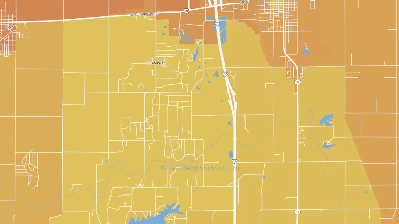 Map of the best neighborhoods in the Selmaville area, with better matches in green and worse matches in red