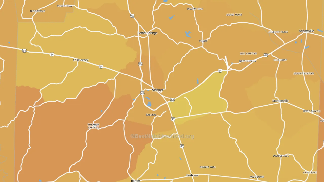 Map of the best neighborhoods in the Selmer area, with better matches in green and worse matches in red