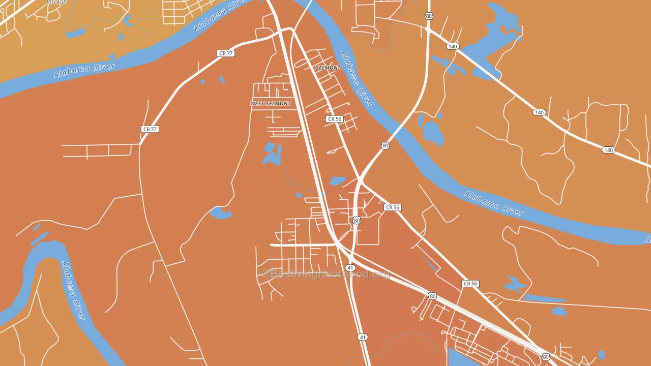 Map of the best neighborhoods in the Selmont-West Selmont area, with better matches in green and worse matches in red