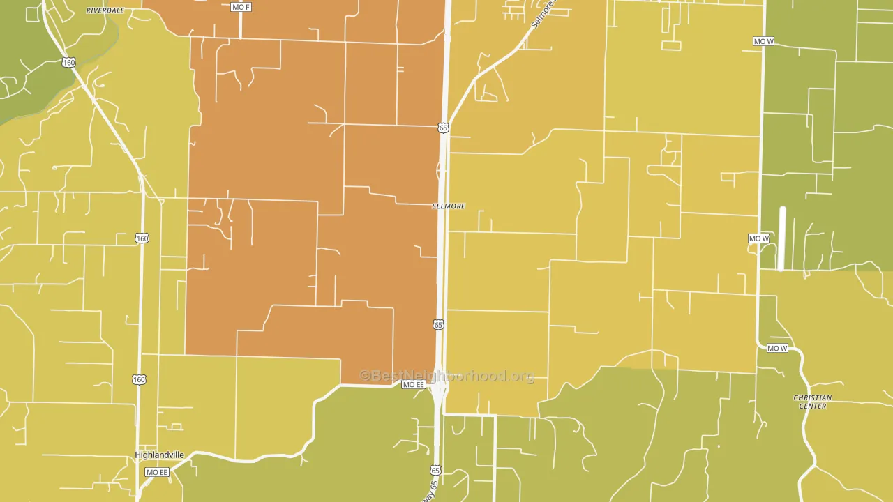 Map of the best neighborhoods in the Selmore area, with better matches in green and worse matches in red