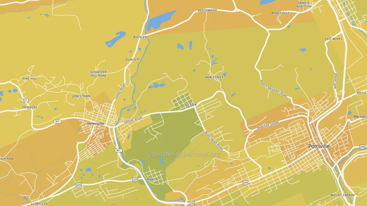 Map of the best neighborhoods in the Seltzer area, with better matches in green and worse matches in red