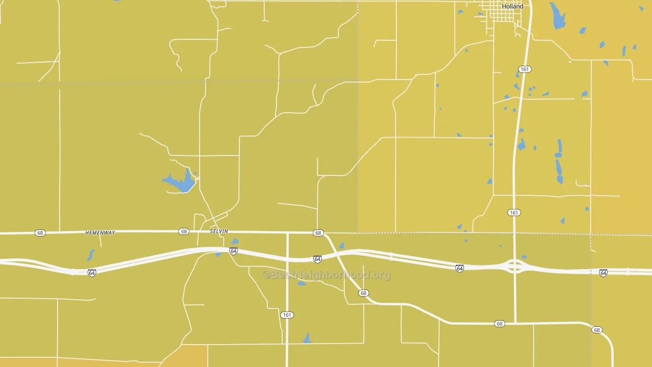 Map of the best neighborhoods in the Selvin area, with better matches in green and worse matches in red