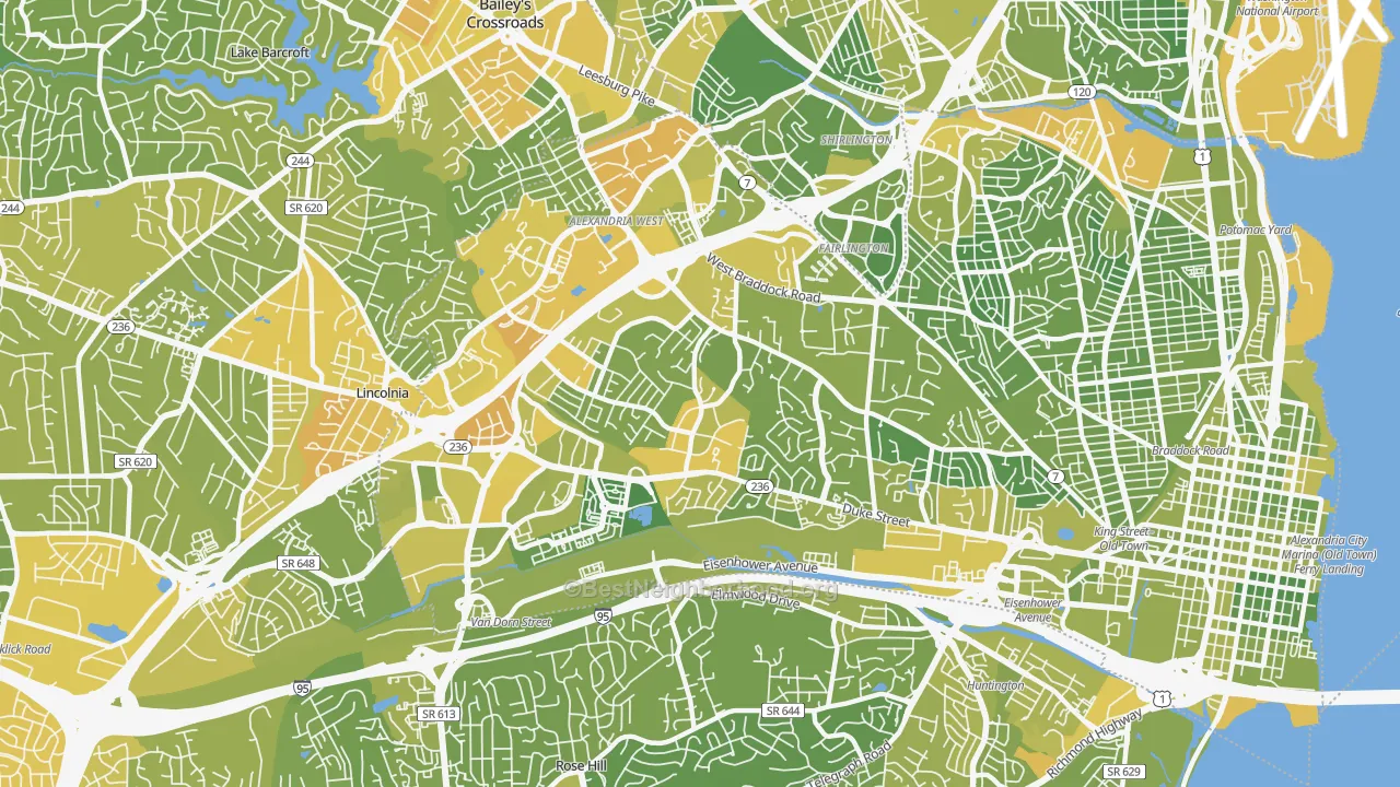 Map of the best neighborhoods in the Seminary Hill, Alexandria area, with better matches in green and worse matches in red