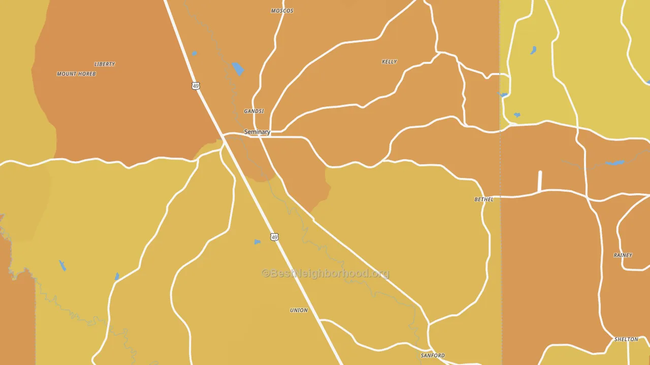 Map of the best neighborhoods in the Seminary area, with better matches in green and worse matches in red