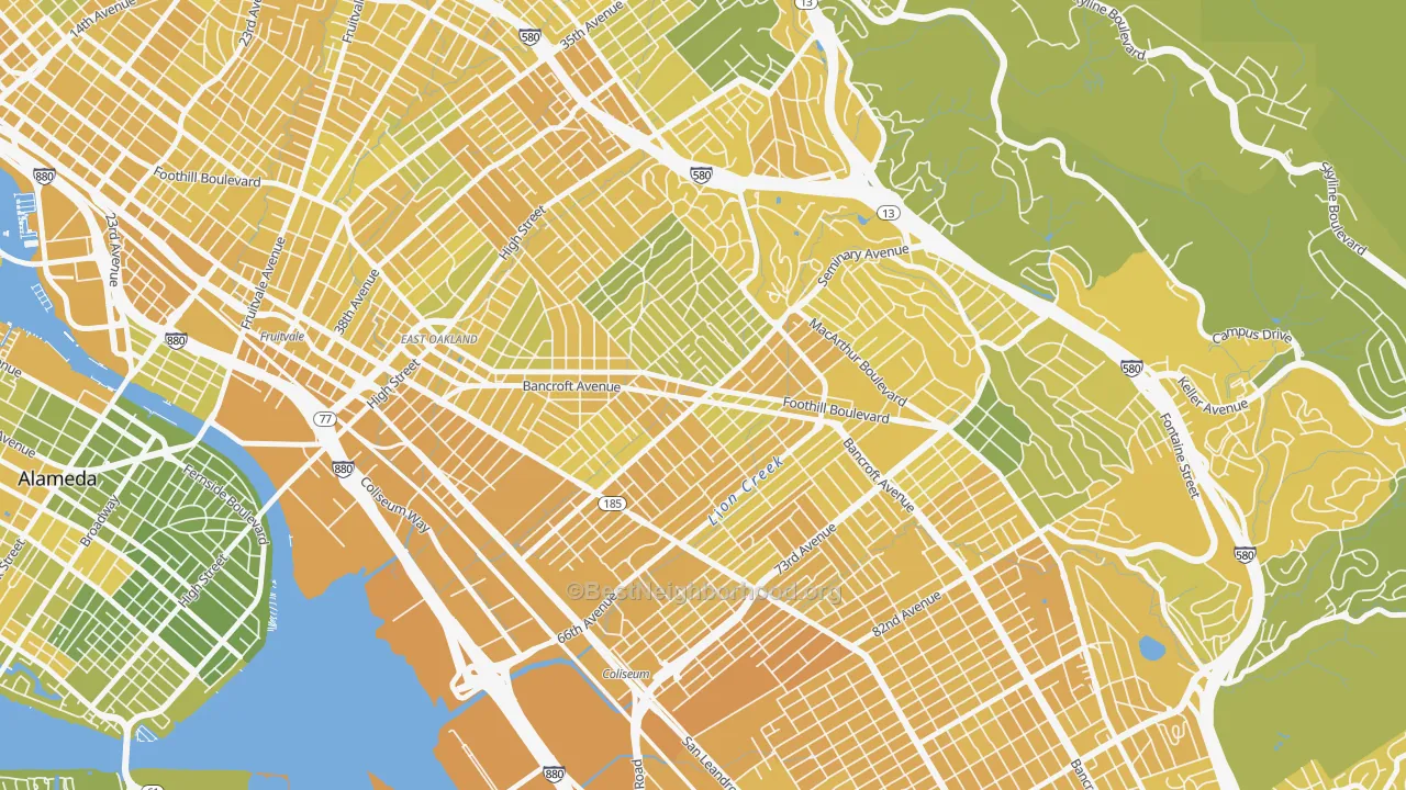 Map of the best neighborhoods in the Seminary, Oakland area, with better matches in green and worse matches in red