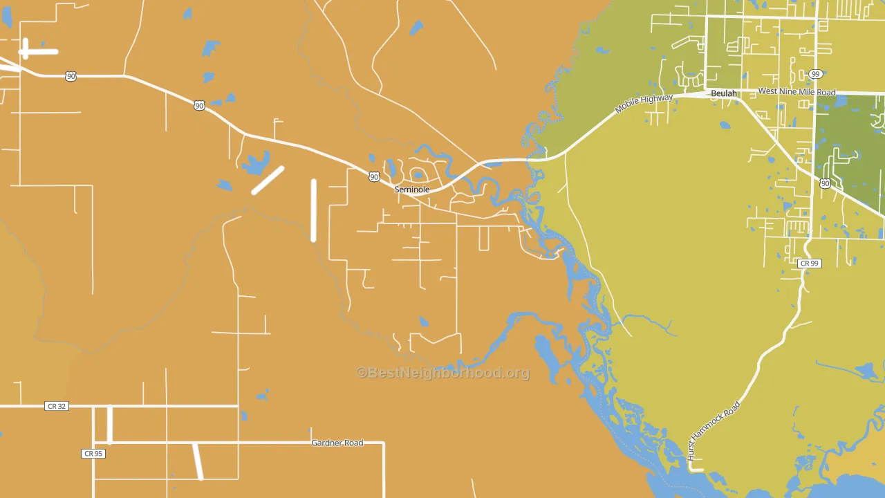 Map of the best neighborhoods in the Seminole area, with better matches in green and worse matches in red
