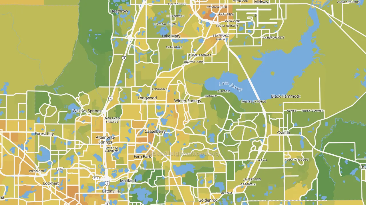 Map of the best neighborhoods in the Seminole County area, with better matches in green and worse matches in red