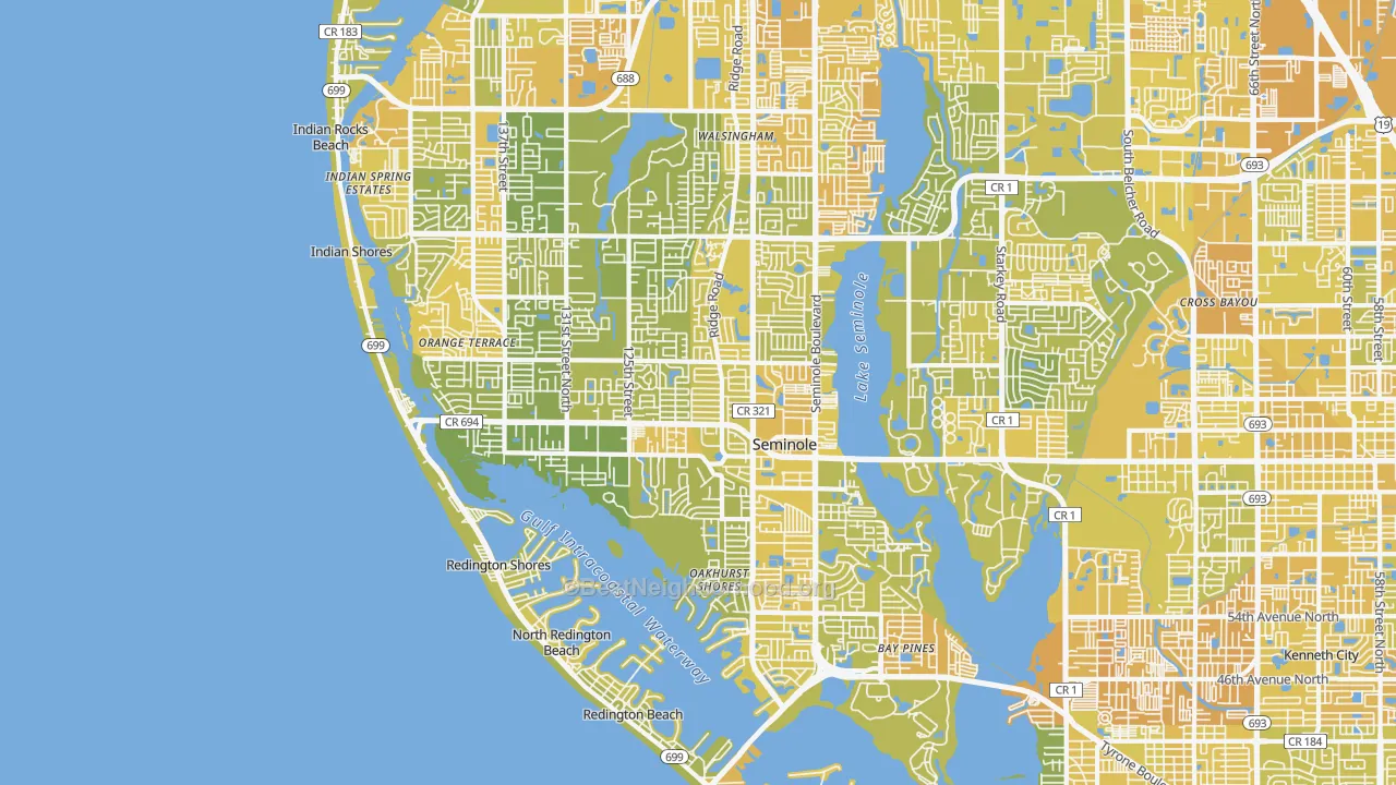 Map of the best neighborhoods in the Seminole area, with better matches in green and worse matches in red