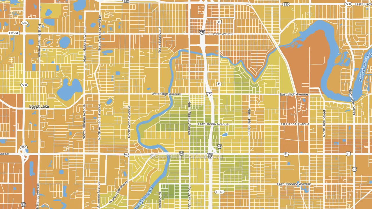 Map of the best neighborhoods in the Seminole Heights, Tampa area, with better matches in green and worse matches in red